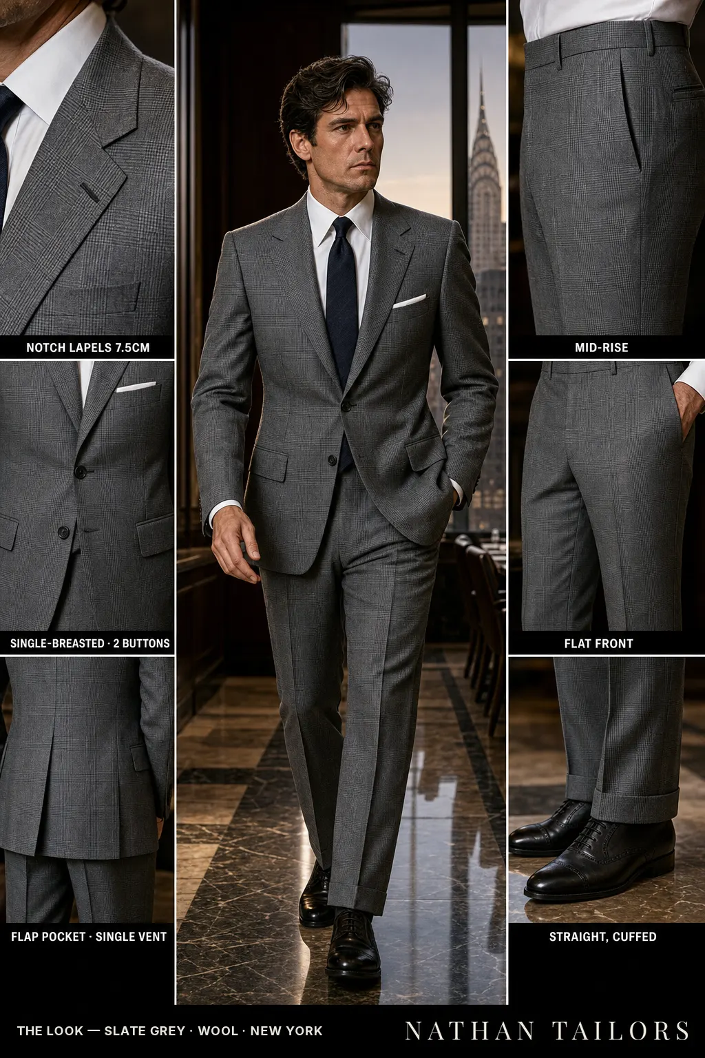slate grey glen plaid single-breasted notch-lapel bespoke suit โ AI-rendered by Nathan Tailors, the Hoi An custom tailor. Available as a custom tailored suit from $149.