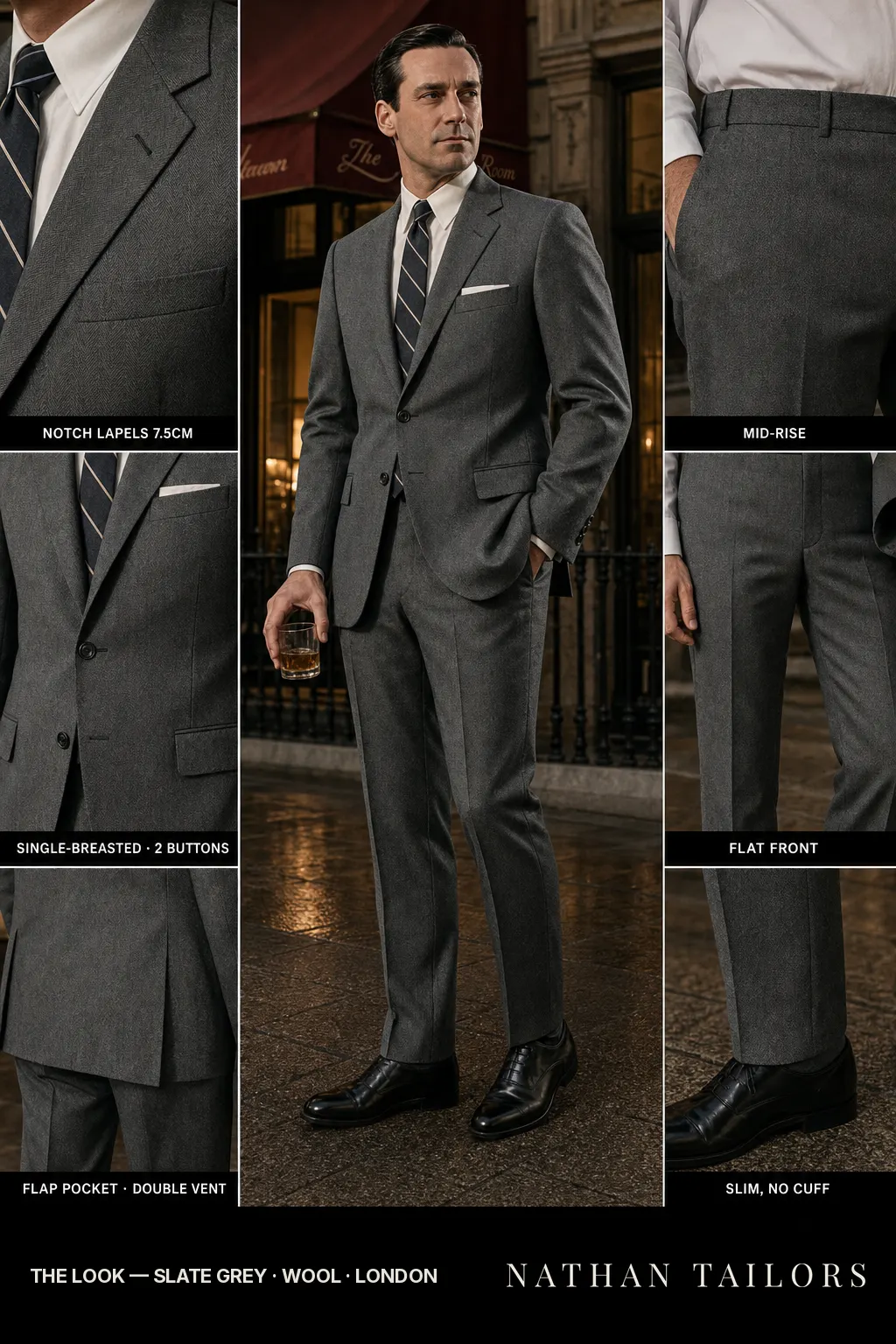 slate grey herringbone single-breasted notch-lapel bespoke suit — AI-rendered by Nathan Tailors, the Hoi An custom tailor. Available as a custom tailored suit from $149.