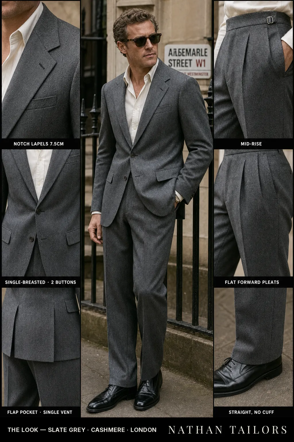 slate grey herringbone single-breasted notch-lapel bespoke suit — AI-rendered by Nathan Tailors, the Hoi An custom tailor. Available as a custom tailored suit from $149.