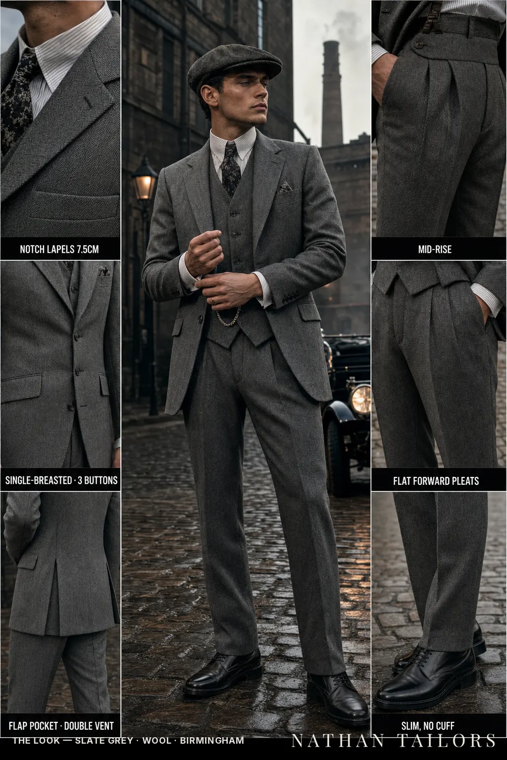 slate grey herringbone single-breasted notch-lapel bespoke suit — AI-rendered by Nathan Tailors, the Hoi An custom tailor. Available as a custom tailored suit from $169.
