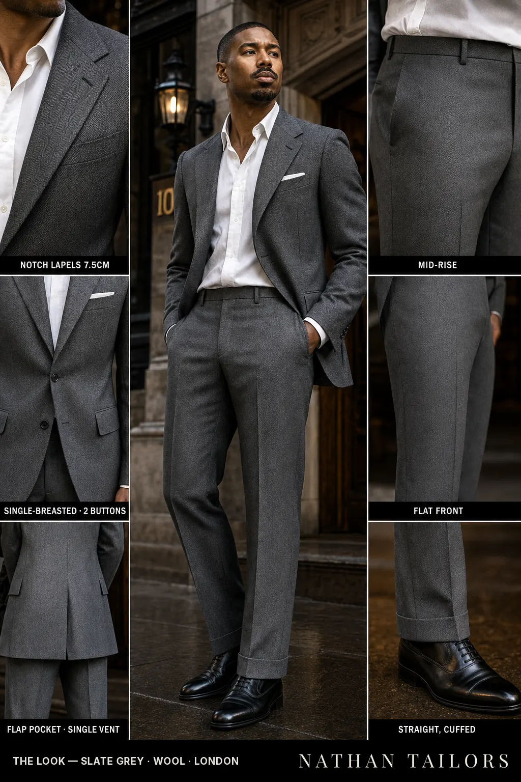 slate grey herringbone single-breasted notch-lapel bespoke suit — AI-rendered by Nathan Tailors, the Hoi An custom tailor. Available as a custom tailored suit from $149.