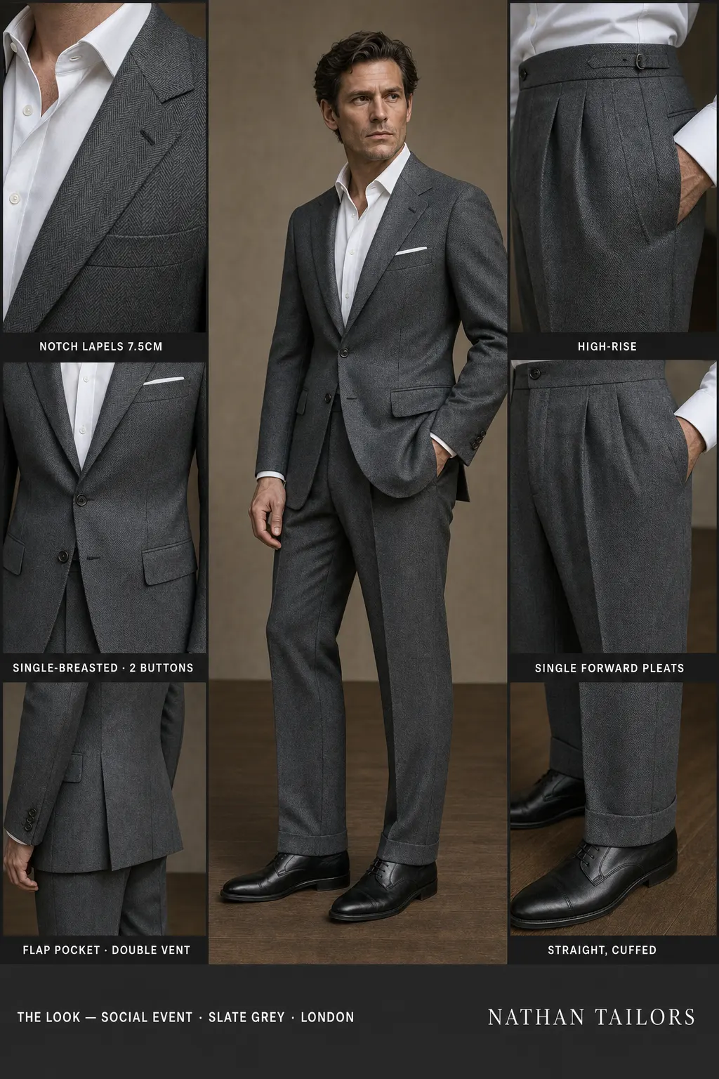 slate grey herringbone single-breasted notch-lapel bespoke suit — AI-rendered by Nathan Tailors, the Hoi An custom tailor. Available as a custom tailored suit from $149.