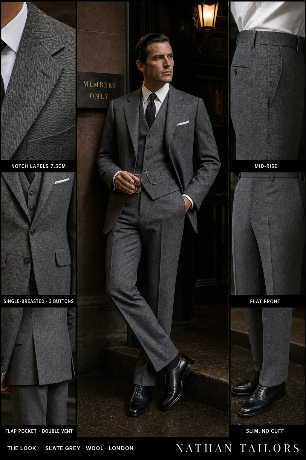slate grey herringbone single-breasted notch-lapel bespoke suit — AI-rendered by Nathan Tailors, the Hoi An custom tailor. Available as a custom tailored suit from $149.