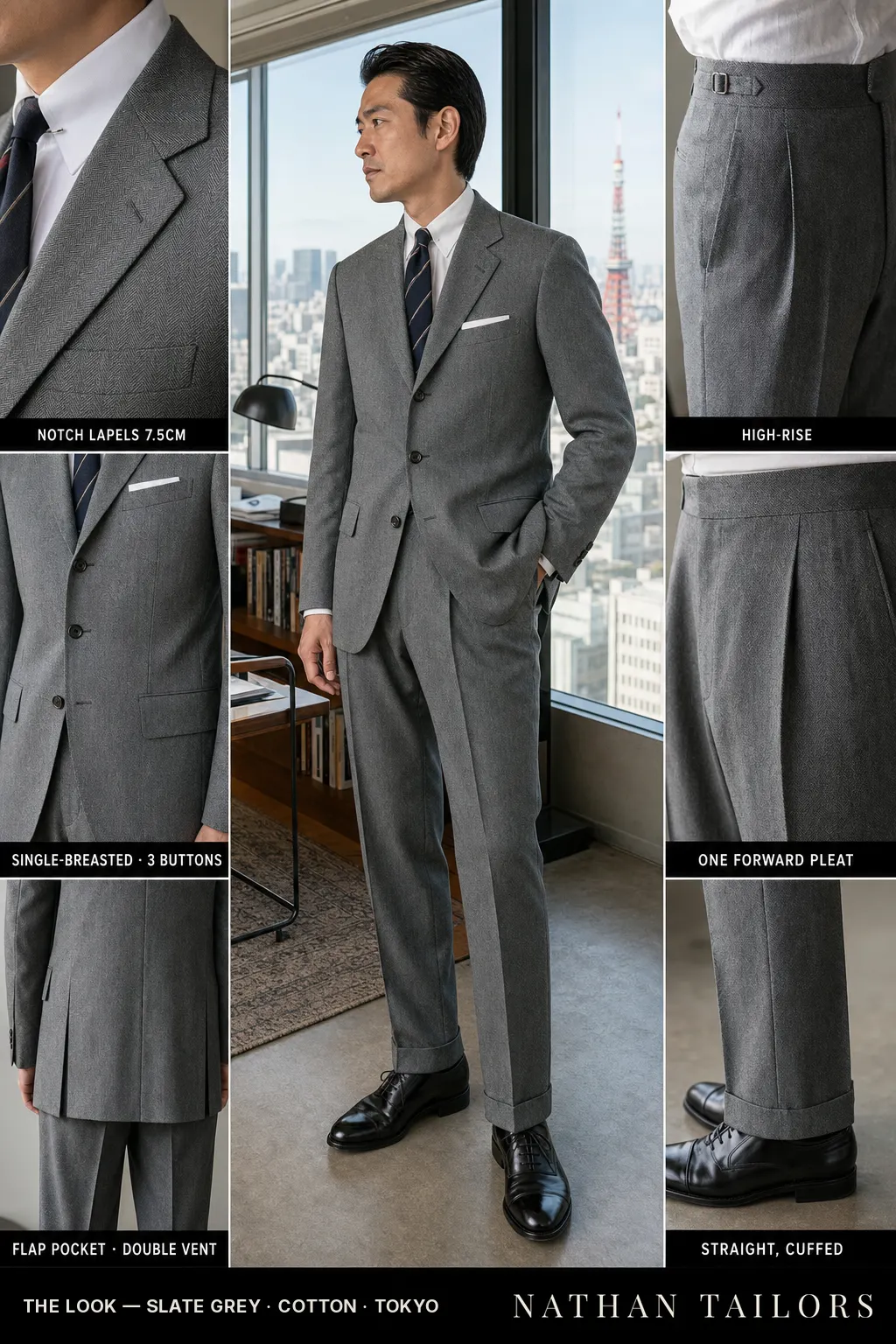 slate grey herringbone single-breasted notch-lapel bespoke suit โ AI-rendered by Nathan Tailors, the Hoi An custom tailor. Available as a custom tailored suit from $149.