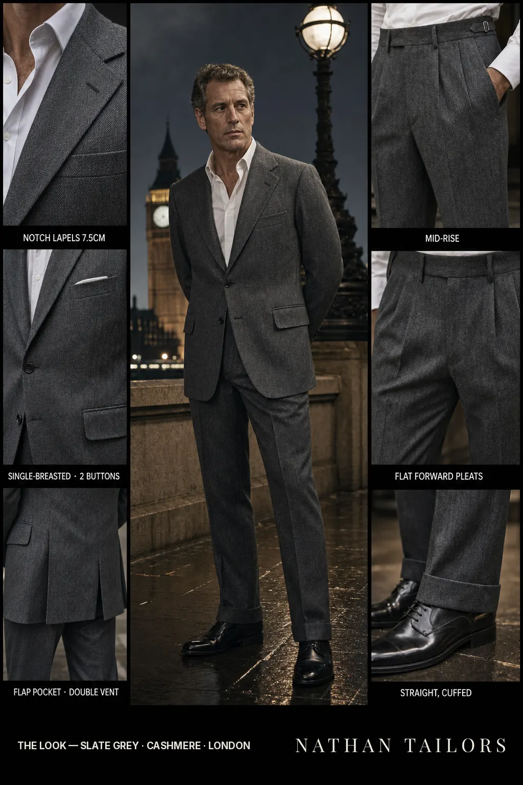 slate grey herringbone single-breasted notch-lapel bespoke suit — AI-rendered by Nathan Tailors, the Hoi An custom tailor. Available as a custom tailored suit from $149.