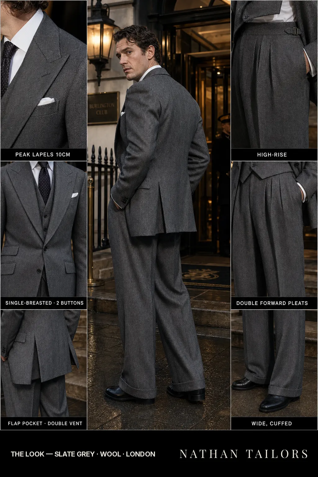 slate grey herringbone single-breasted peak-lapel bespoke suit — AI-rendered by Nathan Tailors, the Hoi An custom tailor. Available as a custom tailored suit from $149.