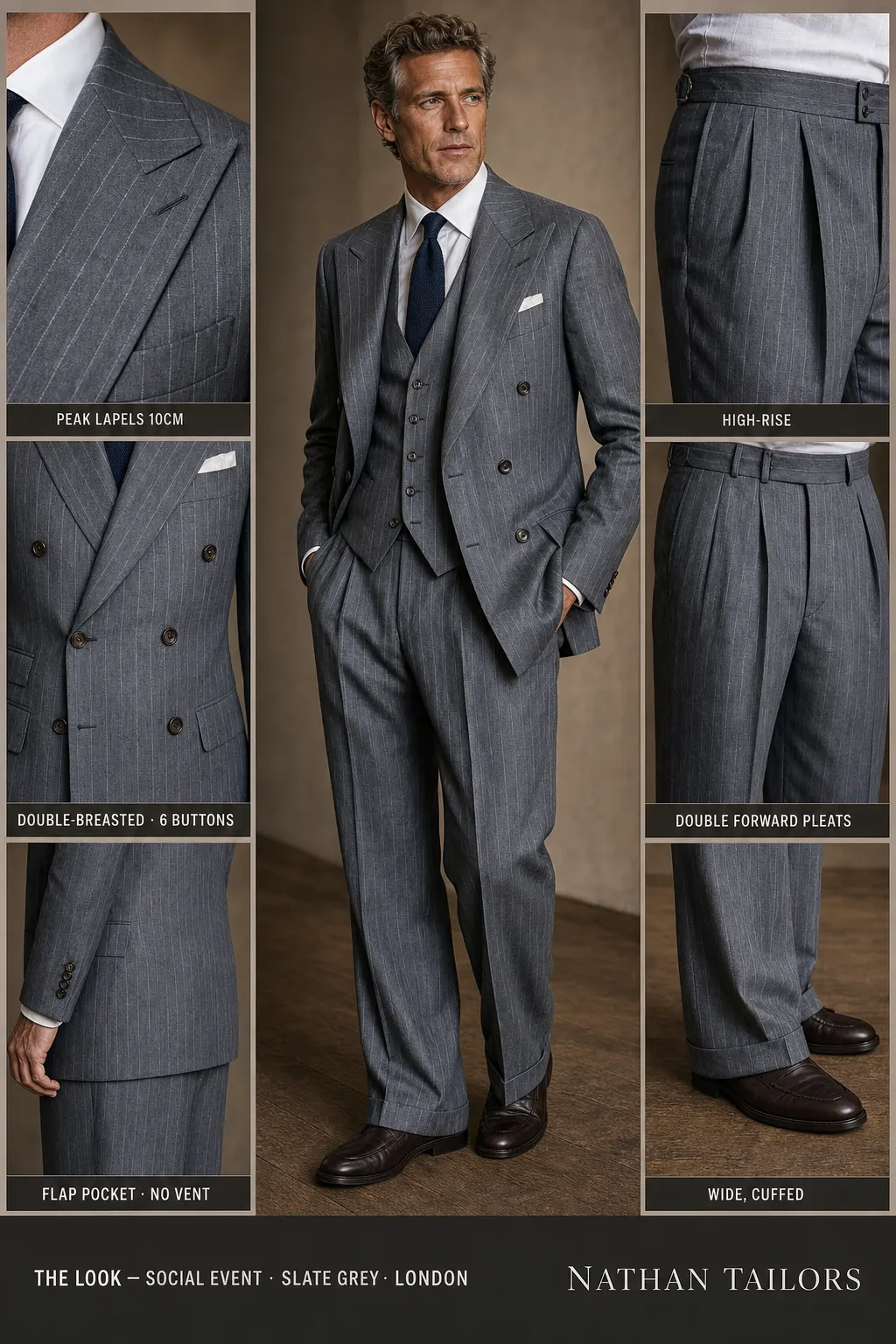 slate grey pinstripe double-breasted peak-lapel bespoke suit โ AI-rendered by Nathan Tailors, the Hoi An custom tailor. Available as a custom tailored suit from $149.