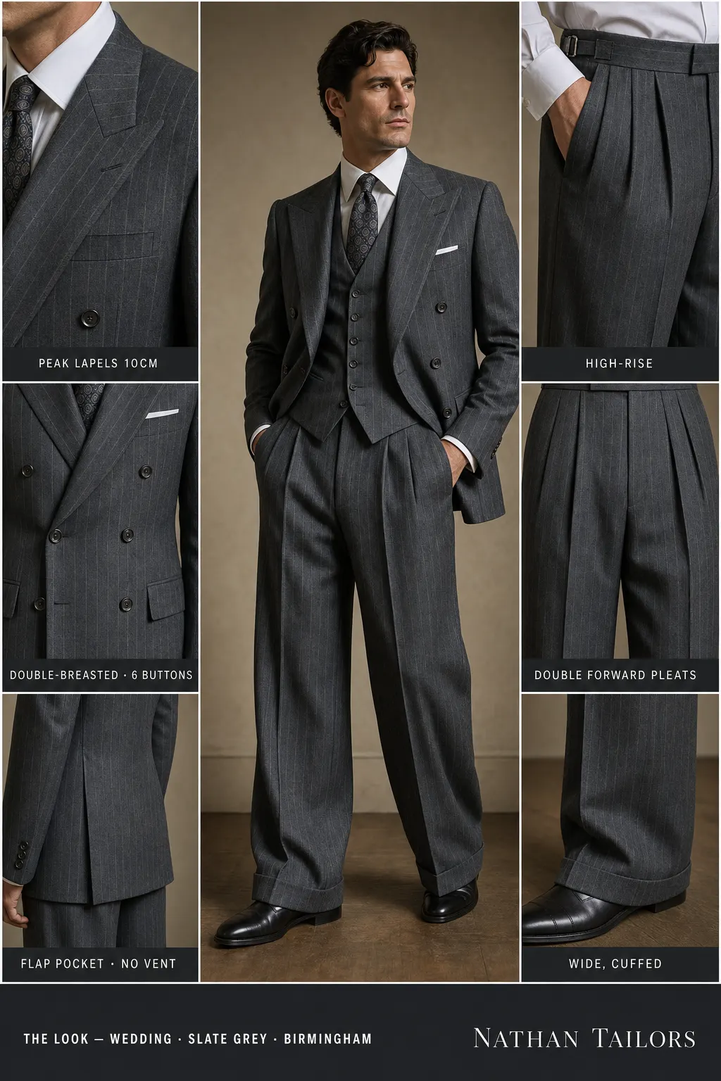 slate grey pinstripe double-breasted peak-lapel bespoke suit โ AI-rendered by Nathan Tailors, the Hoi An custom tailor. Available as a custom tailored suit from $149.