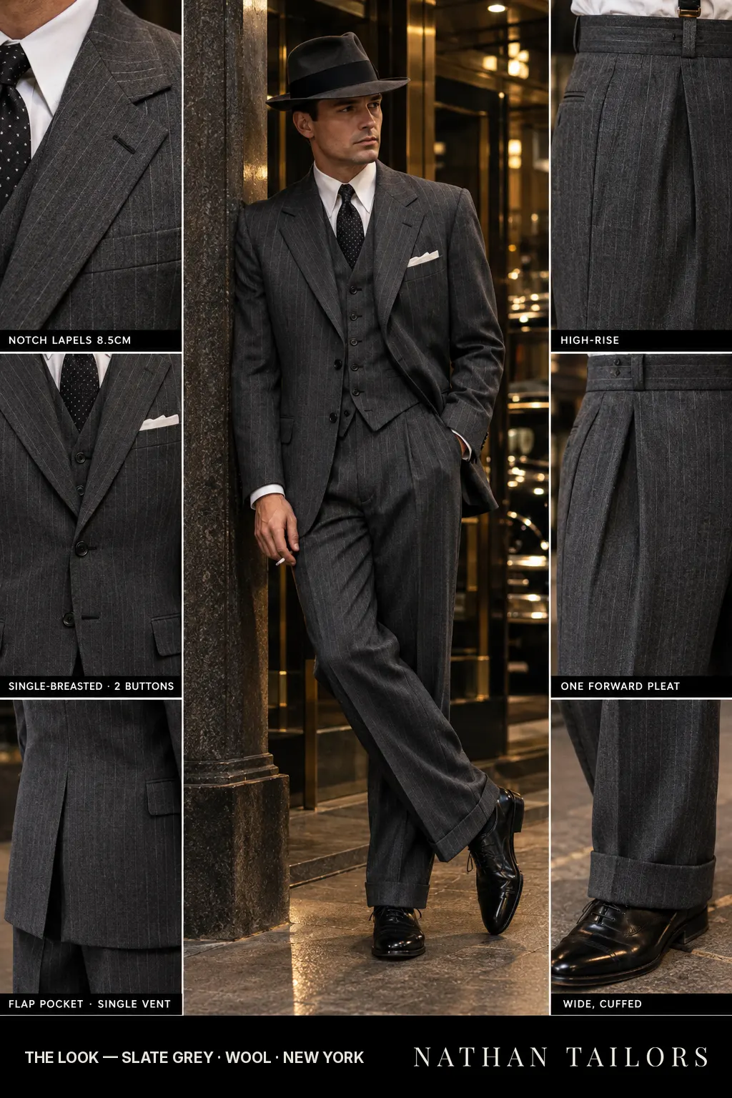 slate grey pinstripe single-breasted notch-lapel bespoke suit — AI-rendered by Nathan Tailors, the Hoi An custom tailor. Available as a custom tailored suit from $149.