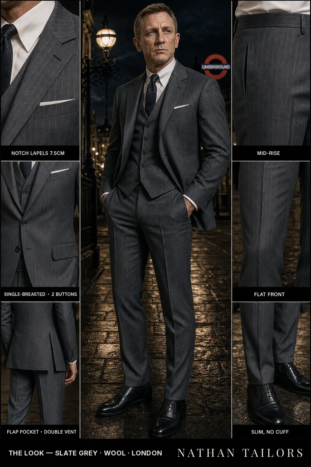 slate grey pinstripe single-breasted notch-lapel bespoke suit โ AI-rendered by Nathan Tailors, the Hoi An custom tailor. Available as a custom tailored suit from $149.
