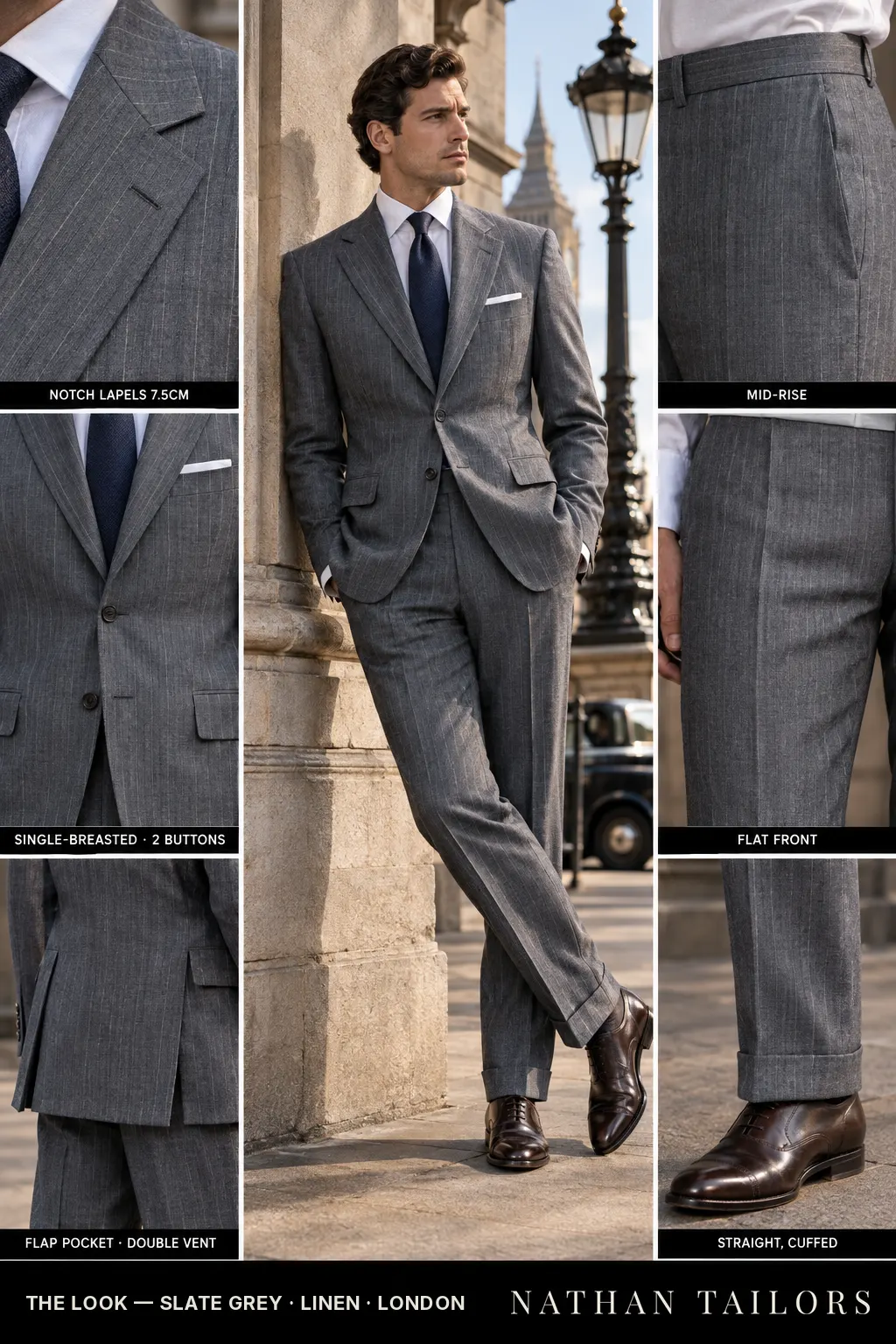 slate grey pinstripe single-breasted bespoke suit โ custom tailored by Nathan Tailors, the Hoi An custom tailor