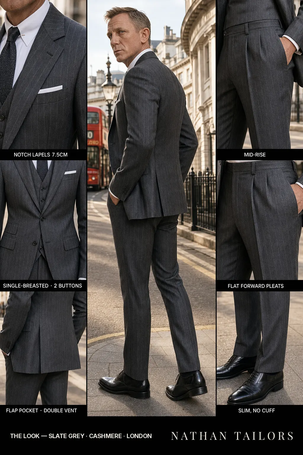 slate grey pinstripe single-breasted notch-lapel bespoke suit — AI-rendered by Nathan Tailors, the Hoi An custom tailor. Available as a custom tailored suit from $149.