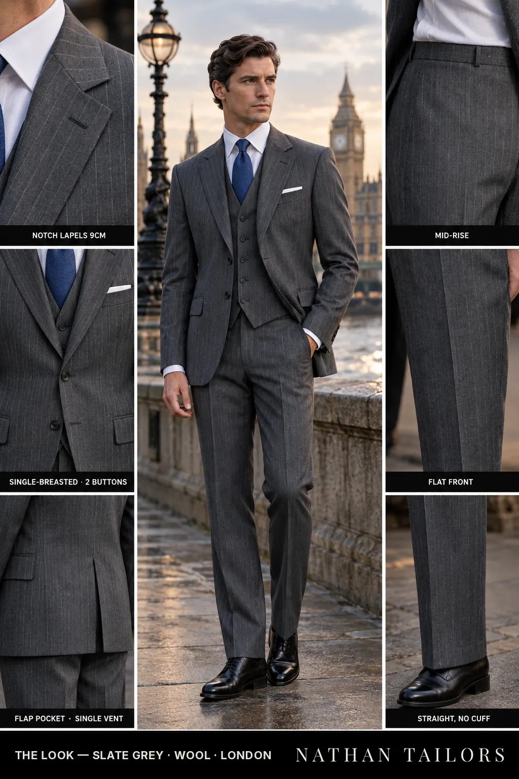 slate grey pinstripe single-breasted bespoke suit — custom tailored by Nathan Tailors, the Hoi An custom tailor