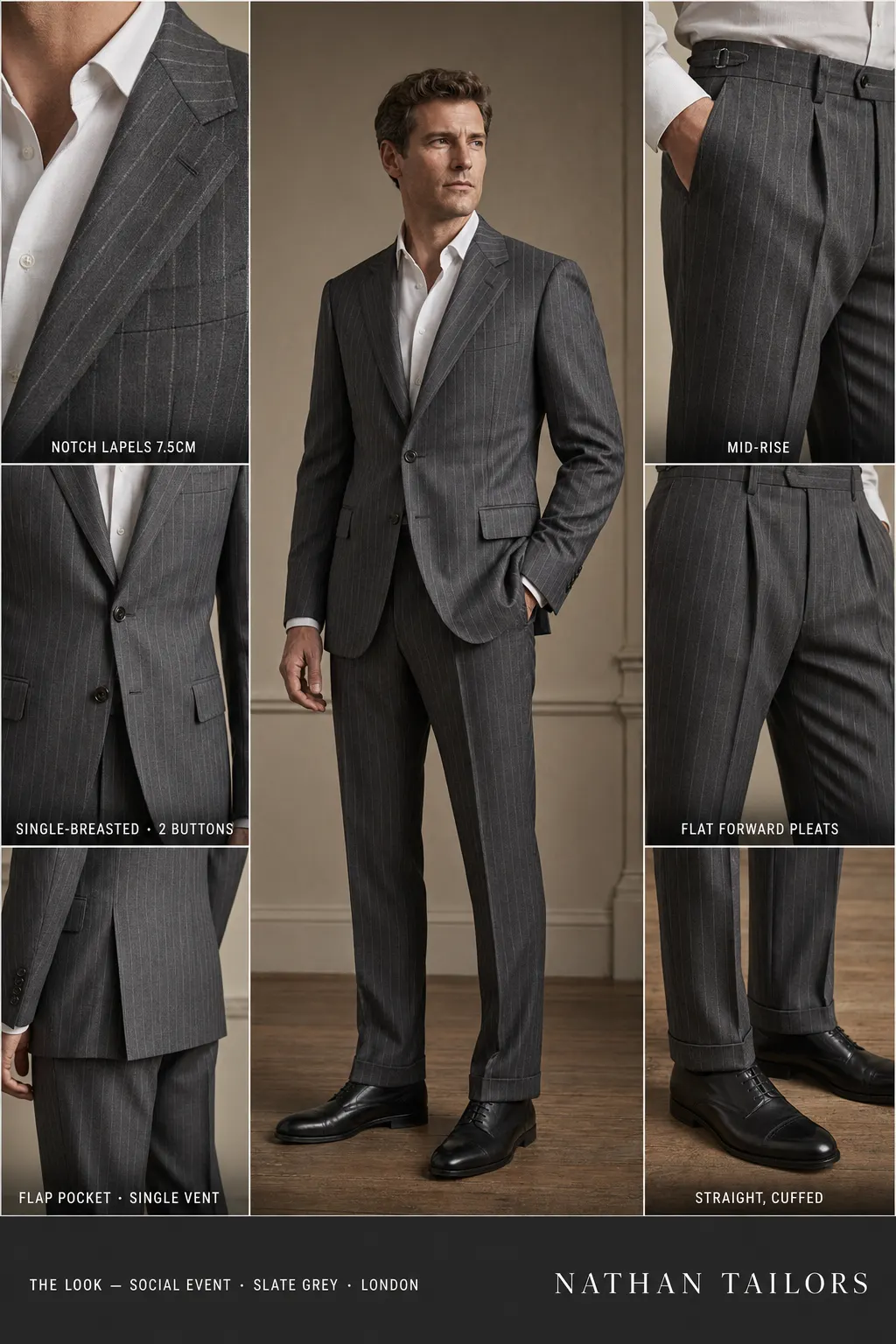 slate grey pinstripe single-breasted notch-lapel bespoke suit — AI-rendered by Nathan Tailors, the Hoi An custom tailor. Available as a custom tailored suit from $149.
