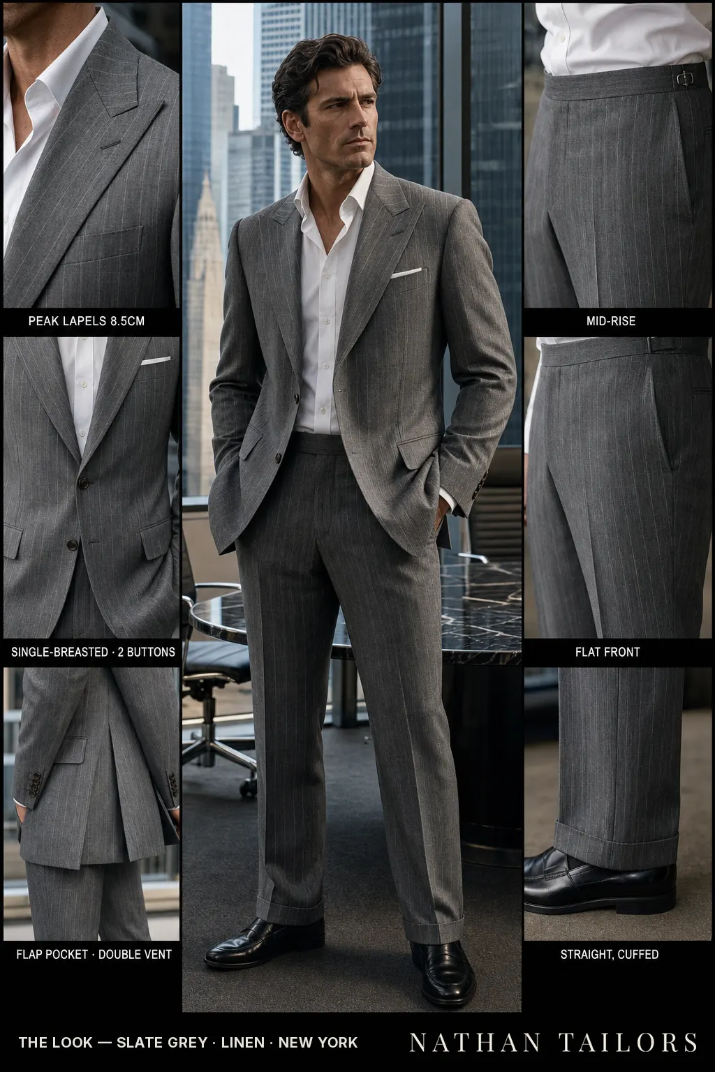 slate grey pinstripe single-breasted peak-lapel bespoke suit — AI-rendered by Nathan Tailors, the Hoi An custom tailor. Available as a custom tailored suit from $149.