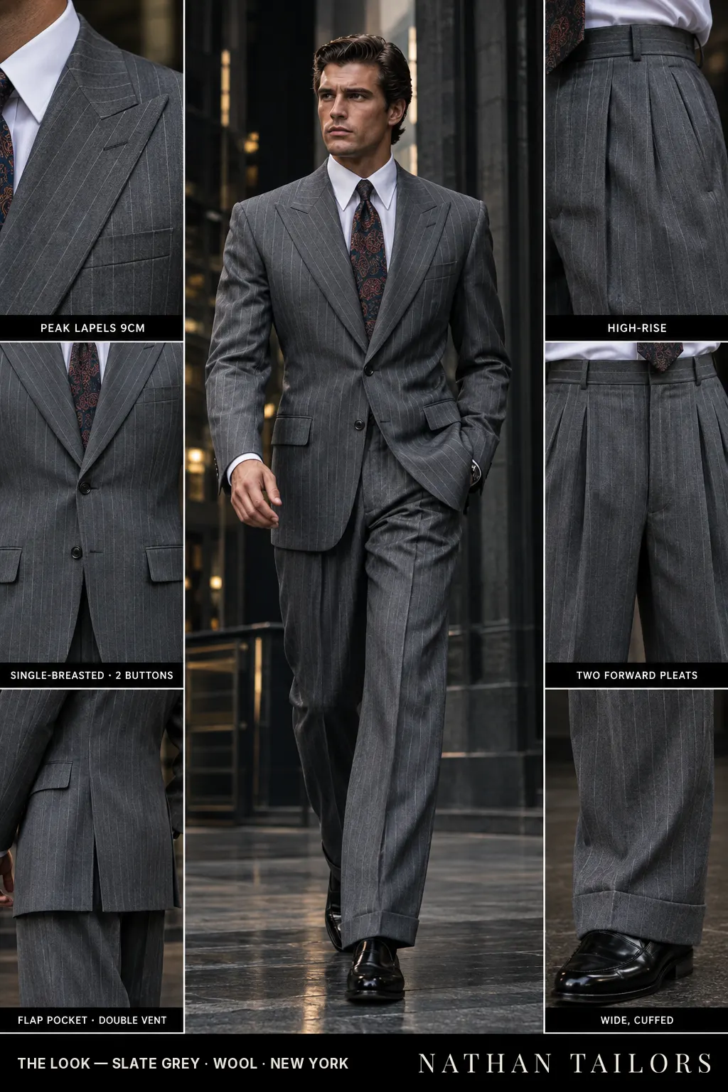 slate grey pinstripe single-breasted bespoke suit โ custom tailored by Nathan Tailors, the Hoi An custom tailor