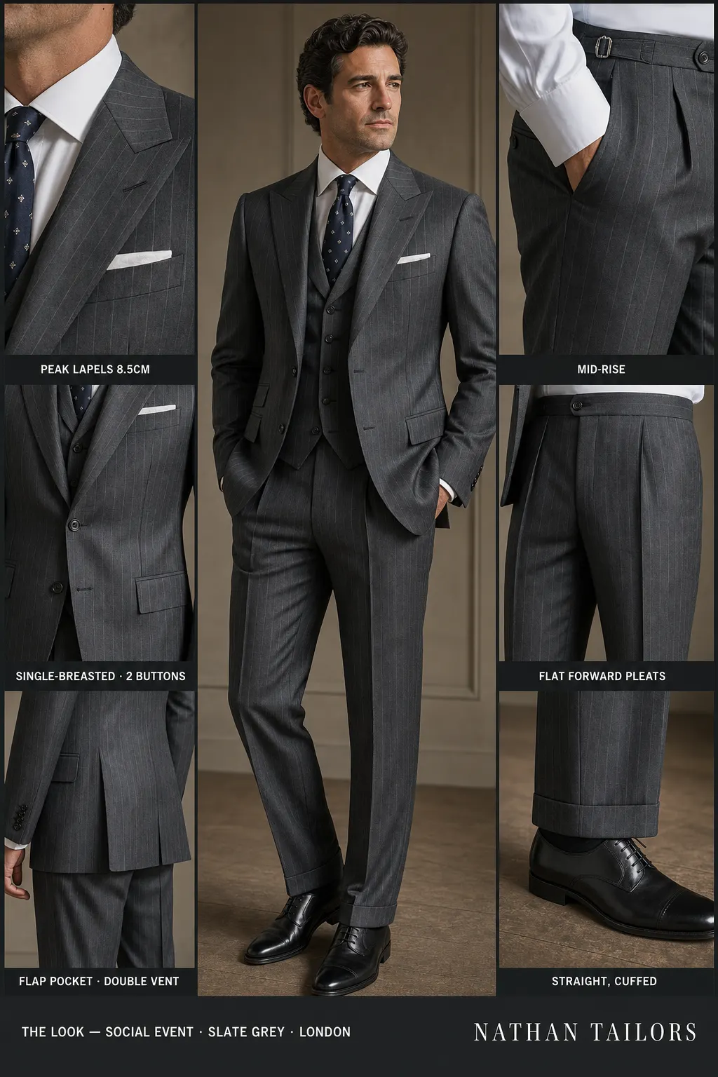 slate grey pinstripe single-breasted peak-lapel bespoke suit — AI-rendered by Nathan Tailors, the Hoi An custom tailor. Available as a custom tailored suit from $149.