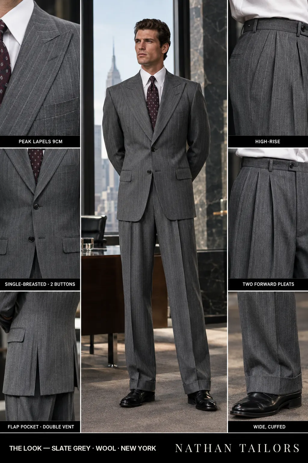 slate grey pinstripe single-breasted bespoke suit โ custom tailored by Nathan Tailors, the Hoi An custom tailor