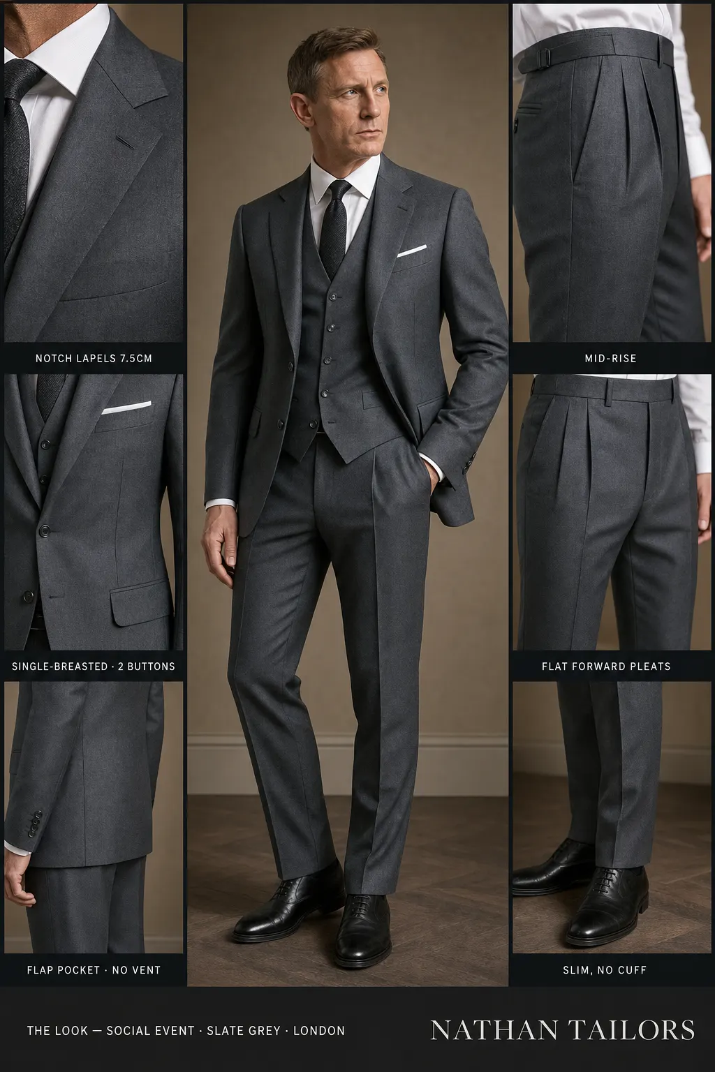 slate grey single-breasted notch-lapel bespoke suit — AI-rendered by Nathan Tailors, the Hoi An custom tailor. Available as a custom tailored suit from $149.