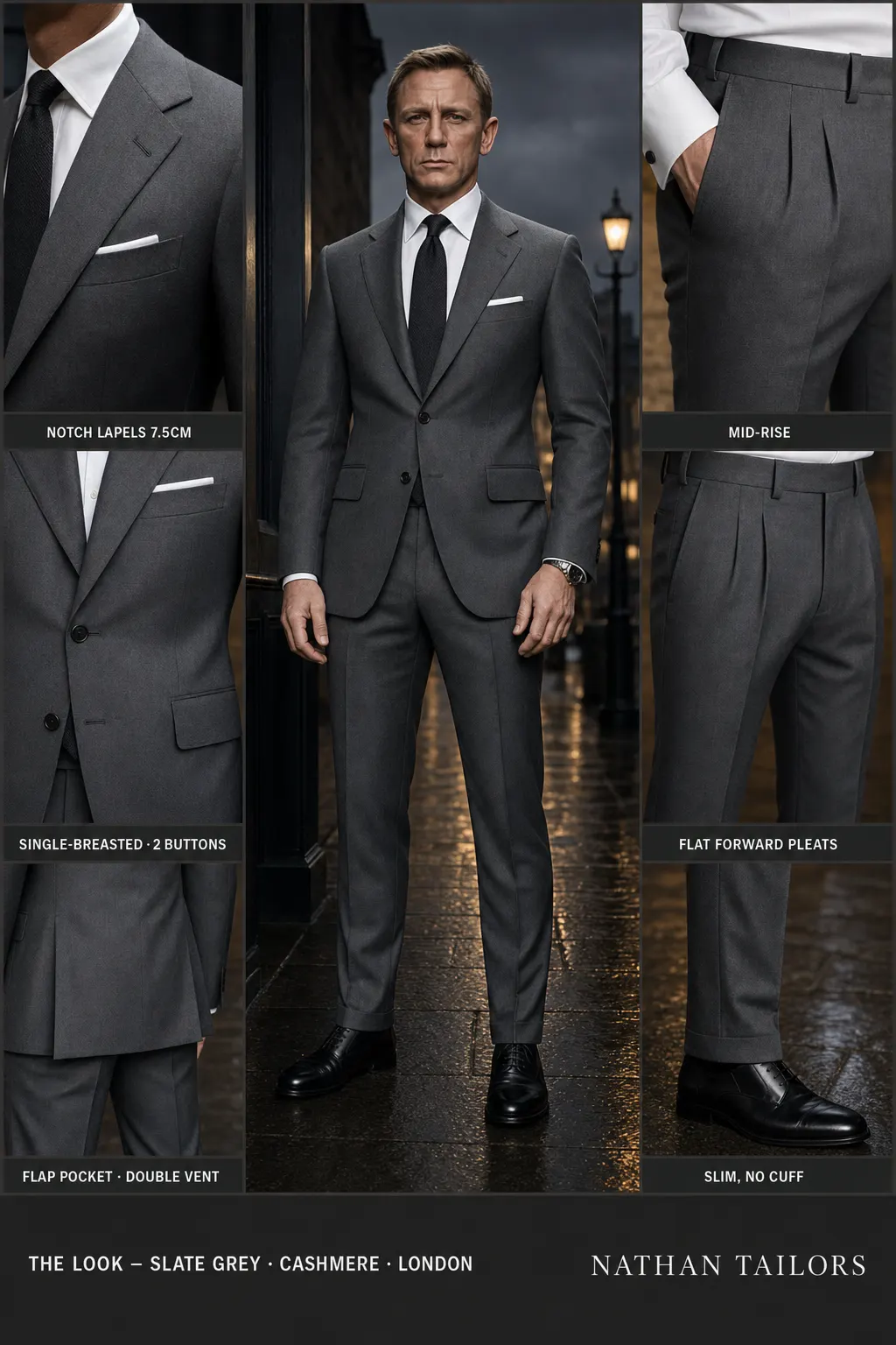slate grey single-breasted notch-lapel bespoke suit — AI-rendered by Nathan Tailors, the Hoi An custom tailor. Available as a custom tailored suit from $149.