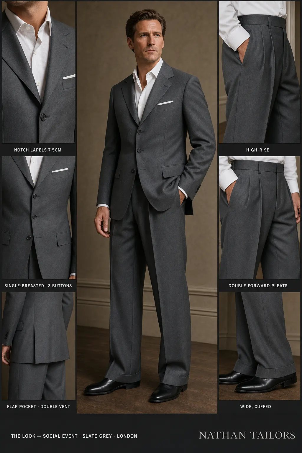 slate grey single-breasted notch-lapel bespoke suit — AI-rendered by Nathan Tailors, the Hoi An custom tailor. Available as a custom tailored suit from $149.