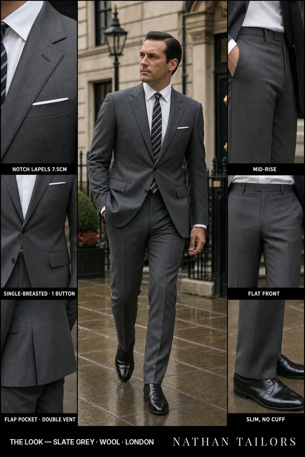 slate grey single-breasted notch-lapel bespoke suit — AI-rendered by Nathan Tailors, the Hoi An custom tailor. Available as a custom tailored suit from $149.