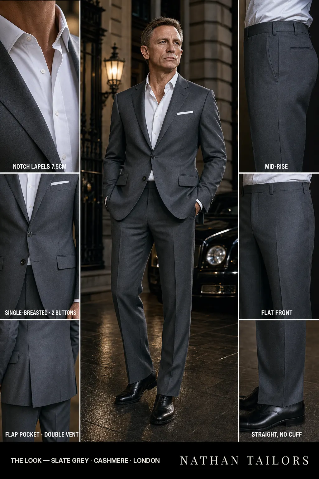 slate grey single-breasted notch-lapel bespoke suit — AI-rendered by Nathan Tailors, the Hoi An custom tailor. Available as a custom tailored suit from $149.