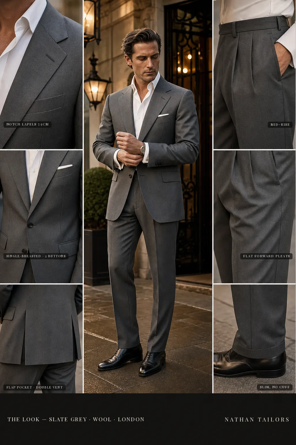 slate grey single-breasted notch-lapel bespoke suit — AI-rendered by Nathan Tailors, the Hoi An custom tailor. Available as a custom tailored suit from $149.