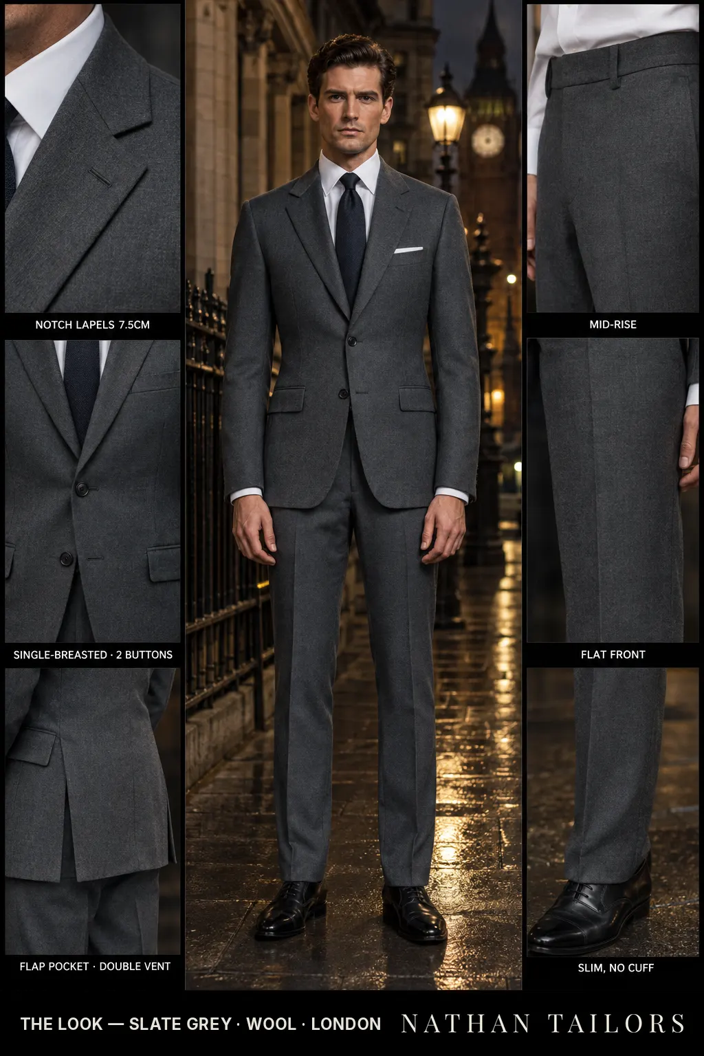 slate grey single-breasted notch-lapel bespoke suit โ AI-rendered by Nathan Tailors, the Hoi An custom tailor. Available as a custom tailored suit from $149.
