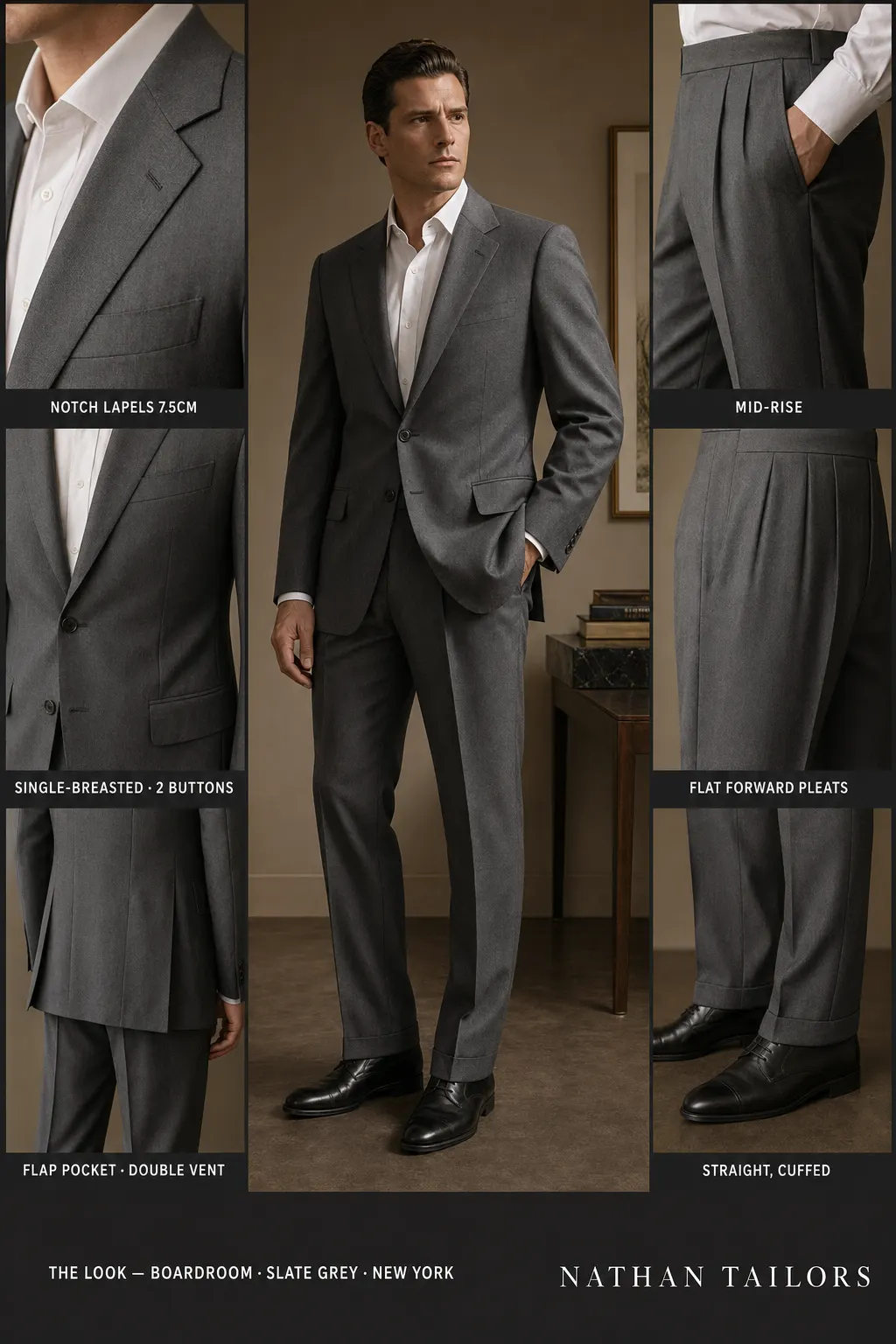 slate grey single-breasted notch-lapel bespoke suit — AI-rendered by Nathan Tailors, the Hoi An custom tailor. Available as a custom tailored suit from $149.