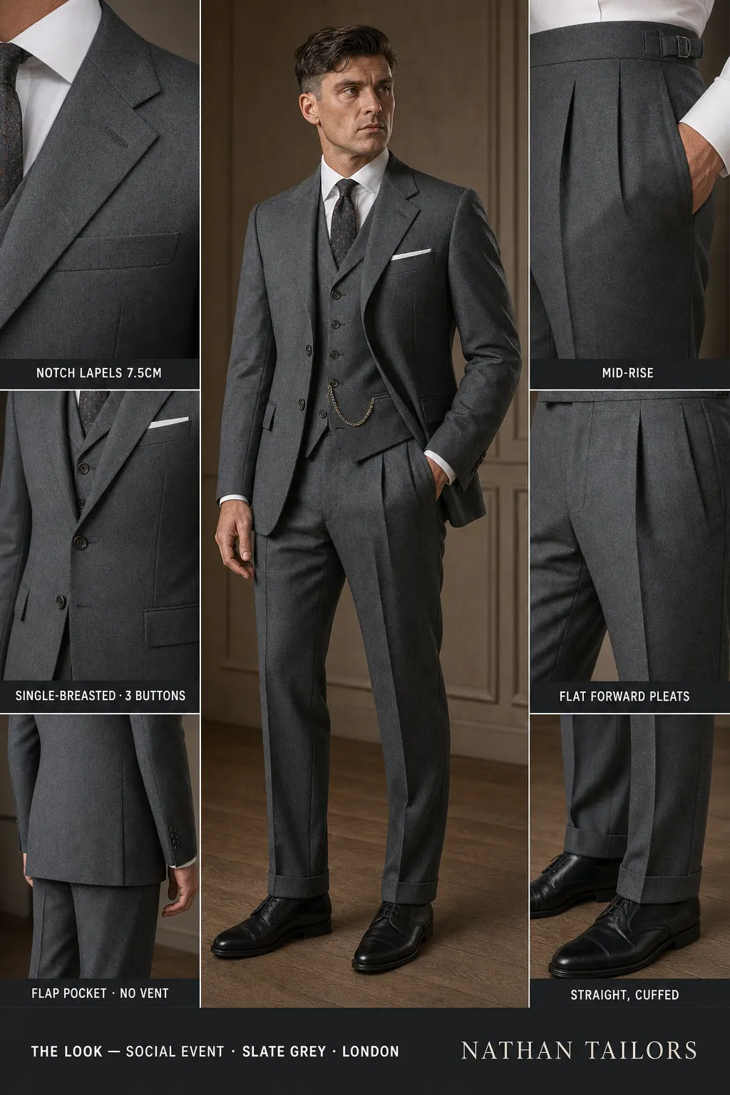 slate grey single-breasted notch-lapel bespoke suit โ AI-rendered by Nathan Tailors, the Hoi An custom tailor. Available as a custom tailored suit from $149.