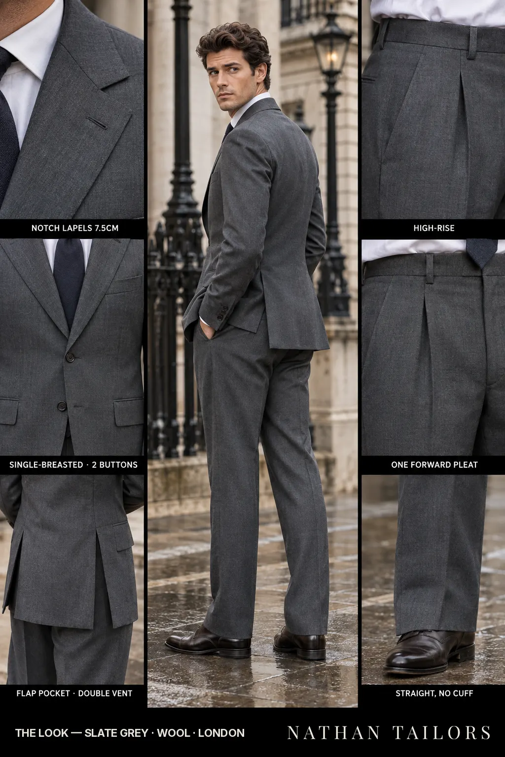 slate grey single-breasted bespoke suit โ custom tailored by Nathan Tailors, the Hoi An custom tailor