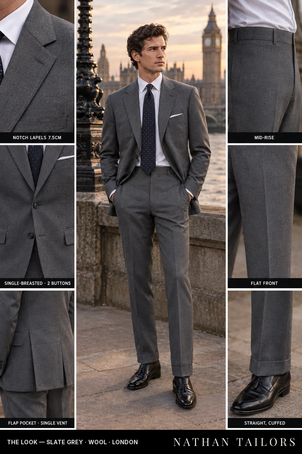 slate grey single-breasted notch-lapel bespoke suit โ AI-rendered by Nathan Tailors, the Hoi An custom tailor. Available as a custom tailored suit from $149.