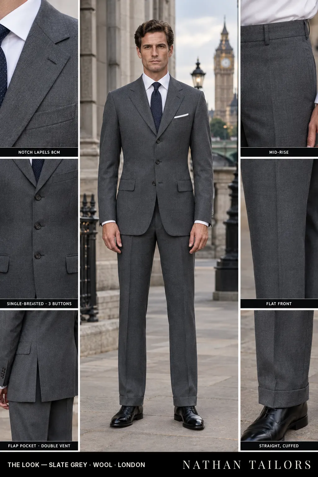 slate grey single-breasted bespoke suit — custom tailored by Nathan Tailors, the Hoi An custom tailor
