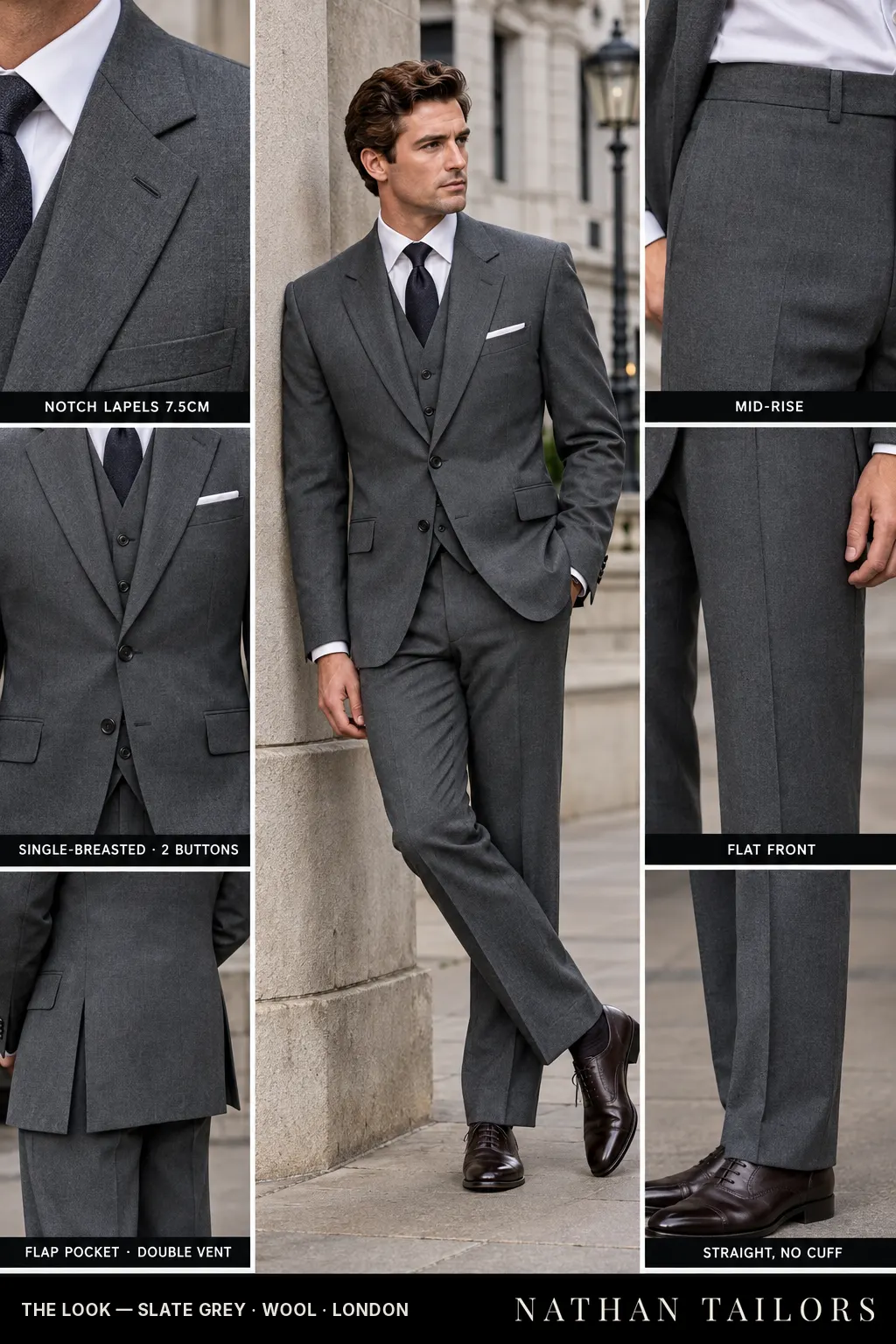 slate grey single-breasted bespoke suit โ custom tailored by Nathan Tailors, the Hoi An custom tailor