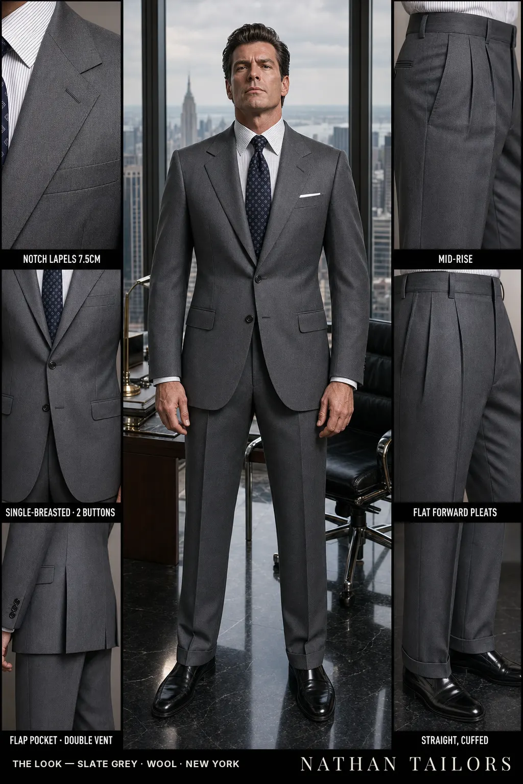 slate grey single-breasted notch-lapel bespoke suit โ AI-rendered by Nathan Tailors, the Hoi An custom tailor. Available as a custom tailored suit from $149.
