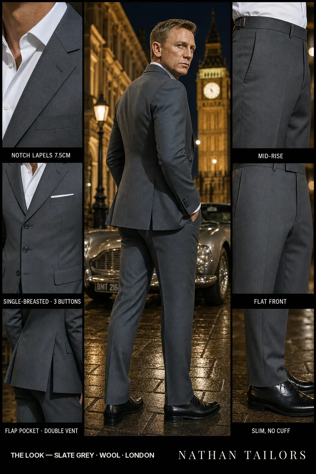 slate grey single-breasted notch-lapel bespoke suit โ AI-rendered by Nathan Tailors, the Hoi An custom tailor. Available as a custom tailored suit from $149.