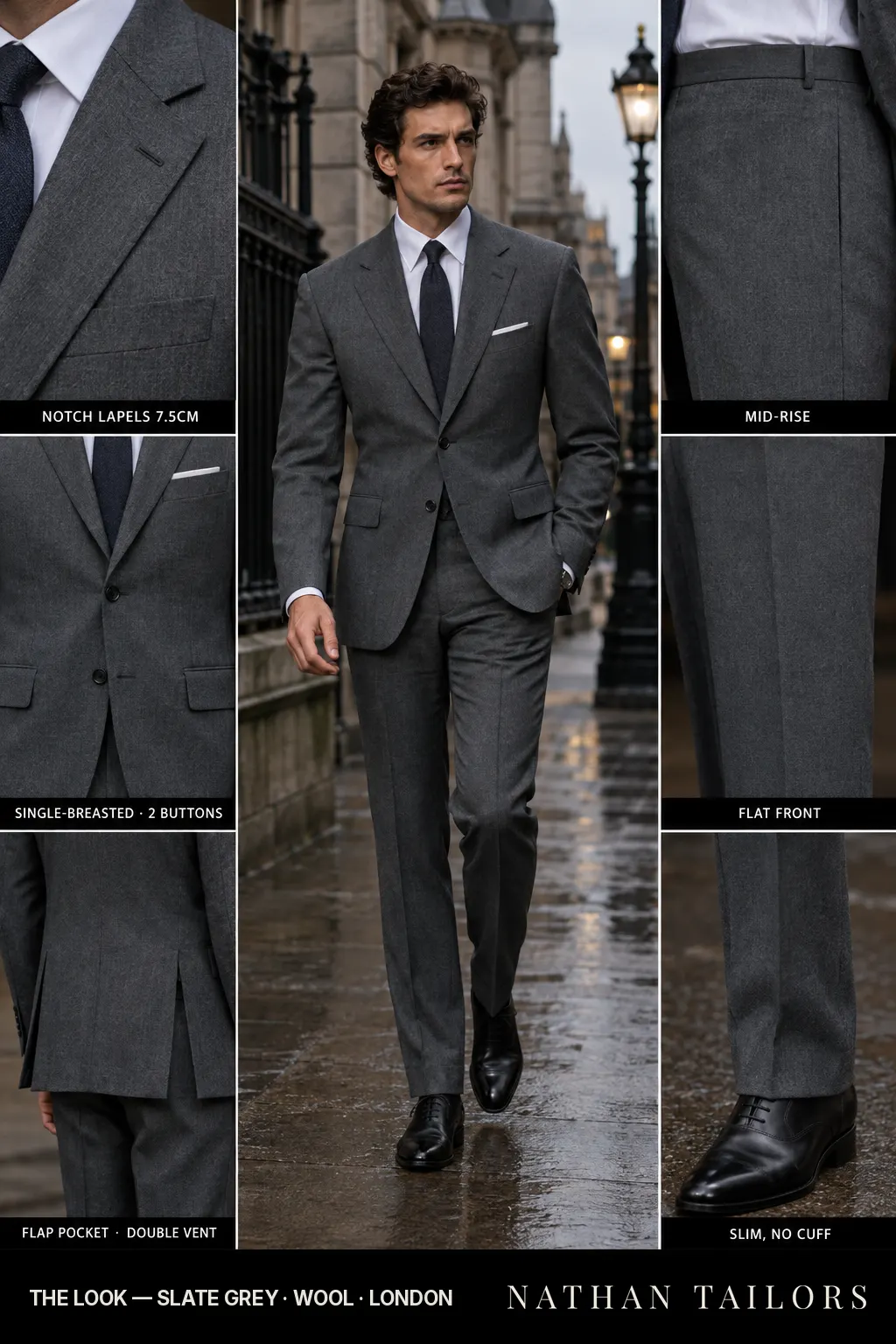 slate grey single-breasted notch-lapel bespoke suit — AI-rendered by Nathan Tailors, the Hoi An custom tailor. Available as a custom tailored suit from $149.
