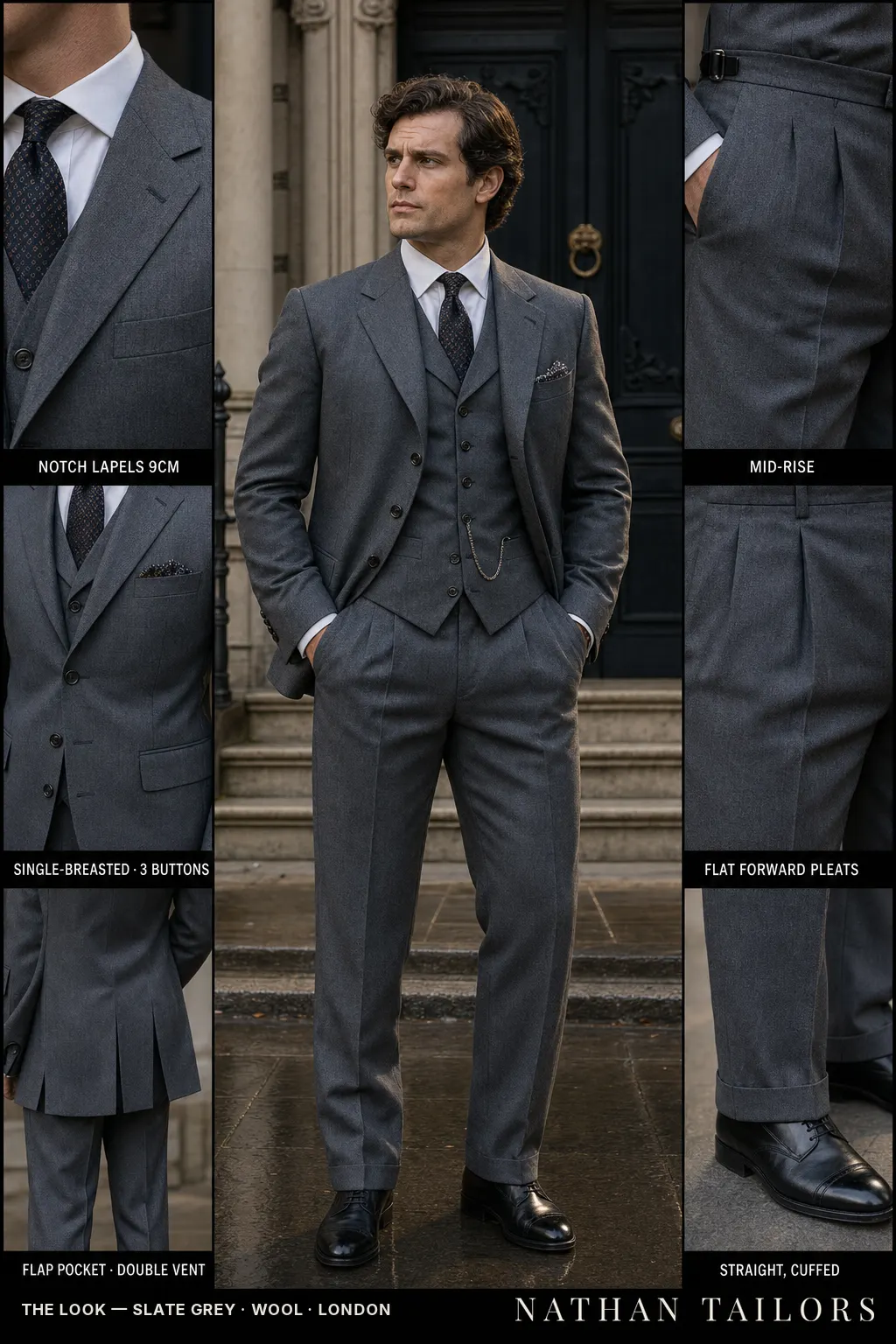 slate grey single-breasted notch-lapel bespoke suit — AI-rendered by Nathan Tailors, the Hoi An custom tailor. Available as a custom tailored suit from $149.