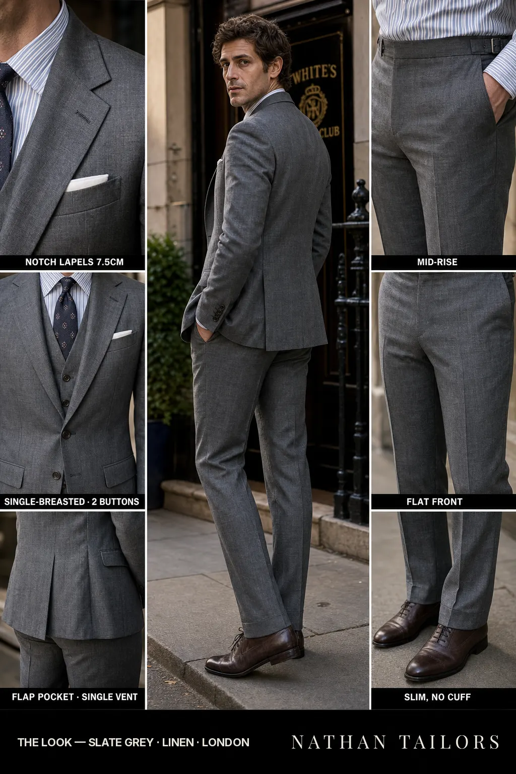 slate grey single-breasted notch-lapel bespoke suit — AI-rendered by Nathan Tailors, the Hoi An custom tailor. Available as a custom tailored suit from $149.