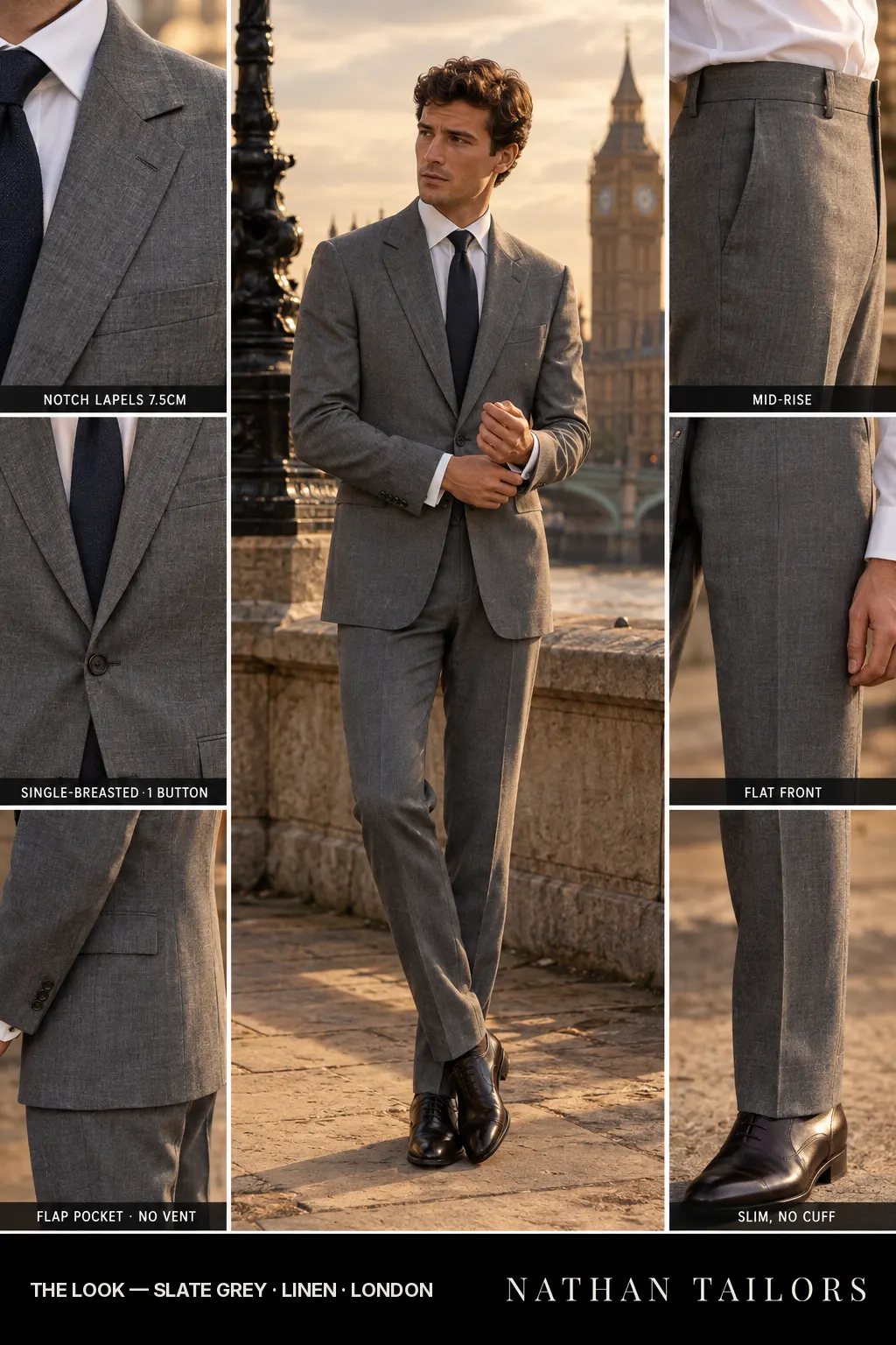 slate grey single-breasted bespoke suit — custom tailored by Nathan Tailors, the Hoi An custom tailor