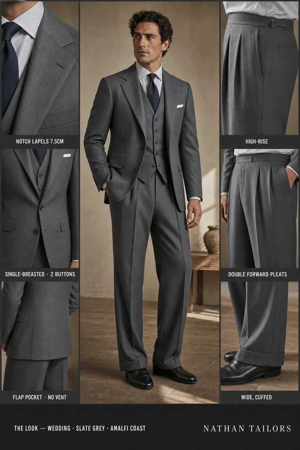 slate grey single-breasted notch-lapel bespoke suit — AI-rendered by Nathan Tailors, the Hoi An custom tailor. Available as a custom tailored suit from $149.