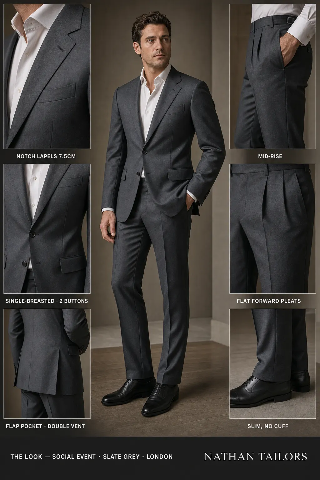 slate grey single-breasted notch-lapel bespoke suit โ AI-rendered by Nathan Tailors, the Hoi An custom tailor. Available as a custom tailored suit from $149.