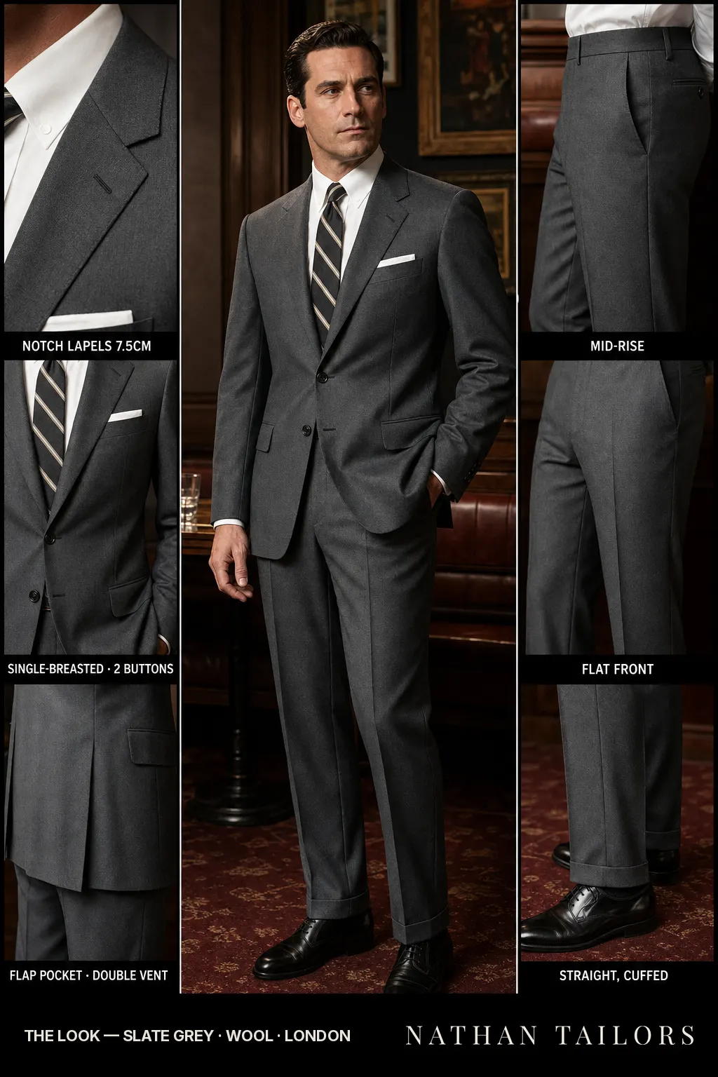 slate grey single-breasted notch-lapel bespoke suit — AI-rendered by Nathan Tailors, the Hoi An custom tailor. Available as a custom tailored suit from $149.