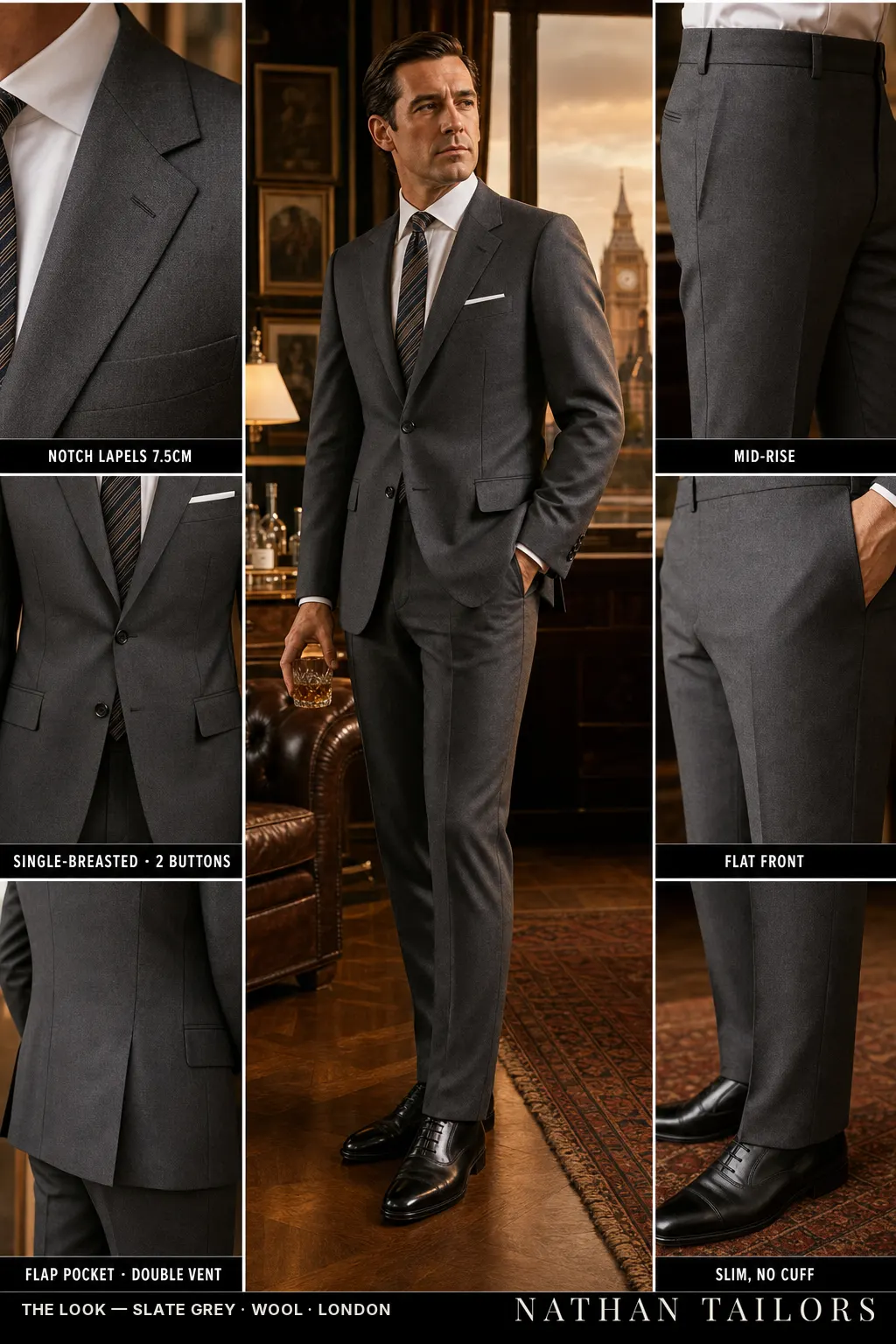 slate grey single-breasted notch-lapel bespoke suit — AI-rendered by Nathan Tailors, the Hoi An custom tailor. Available as a custom tailored suit from $149.