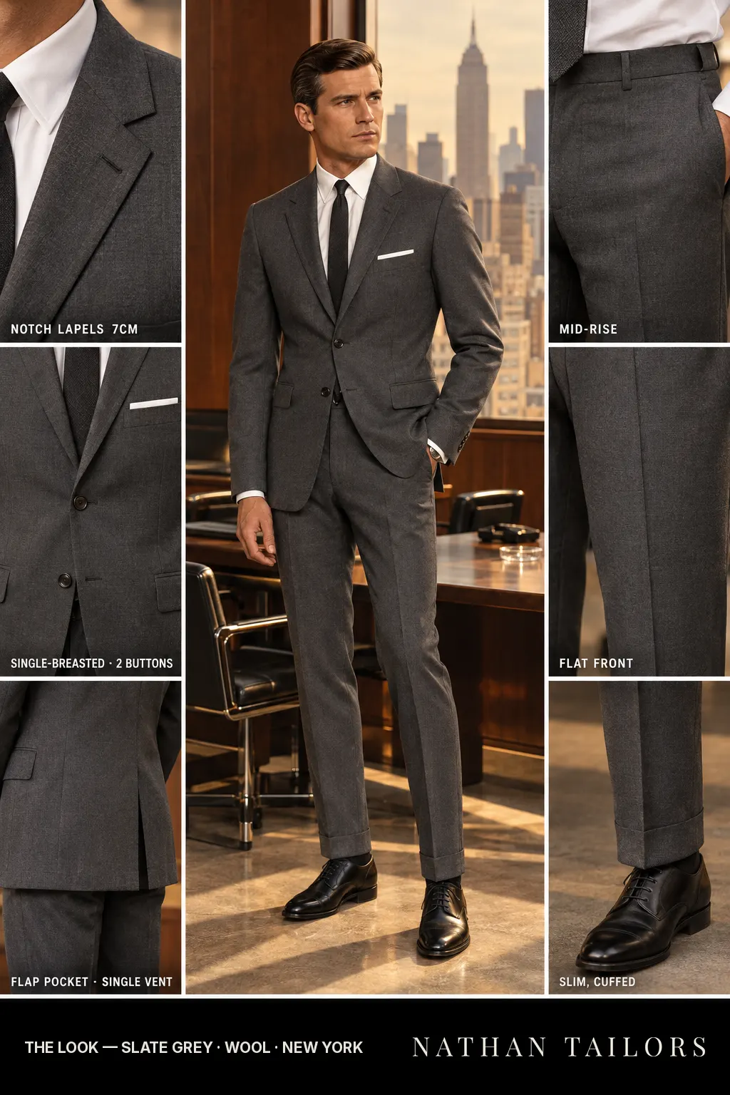 slate grey single-breasted notch-lapel bespoke suit โ AI-rendered by Nathan Tailors, the Hoi An custom tailor. Available as a custom tailored suit from $149.