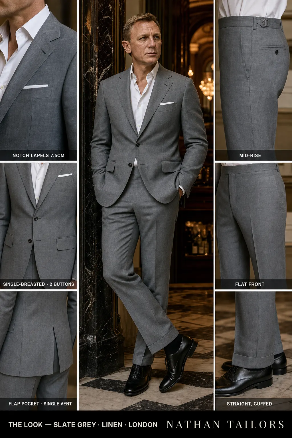 slate grey single-breasted notch-lapel bespoke suit — AI-rendered by Nathan Tailors, the Hoi An custom tailor. Available as a custom tailored suit from $149.