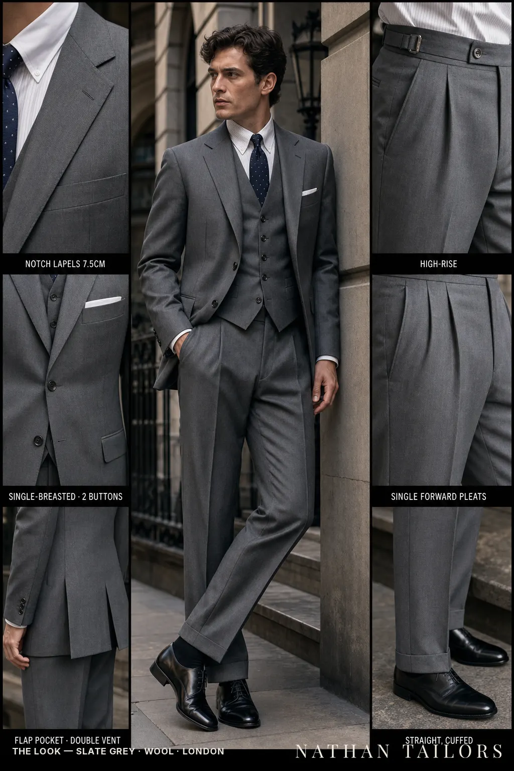 slate grey single-breasted notch-lapel bespoke suit — AI-rendered by Nathan Tailors, the Hoi An custom tailor. Available as a custom tailored suit from $149.