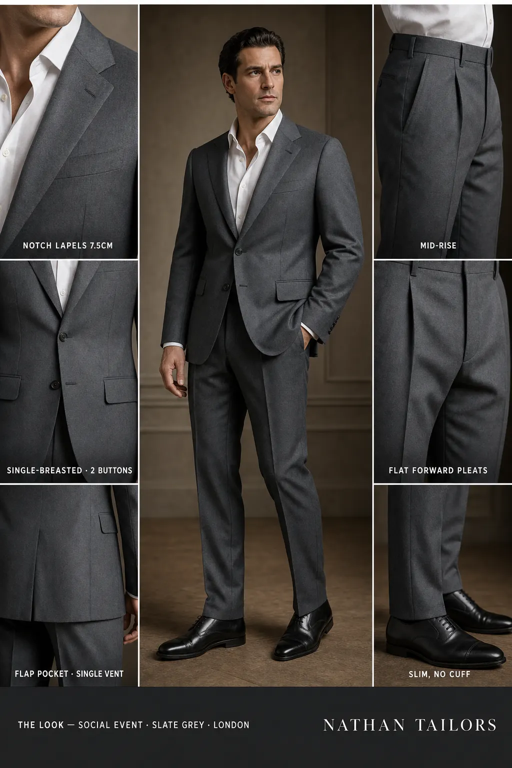 slate grey single-breasted notch-lapel bespoke suit — AI-rendered by Nathan Tailors, the Hoi An custom tailor. Available as a custom tailored suit from $149.