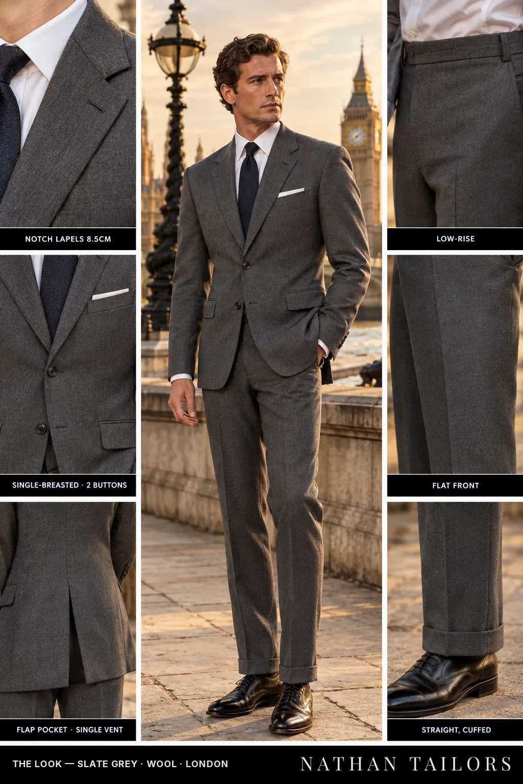 slate grey single-breasted notch-lapel bespoke suit โ AI-rendered by Nathan Tailors, the Hoi An custom tailor. Available as a custom tailored suit from $149.